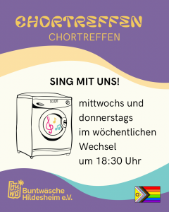 Chortreffen Sharepic mit dem Text: "Sing mit uns! mittwochs und donnerstags im wöchentlichen Wechsel um 18:30 Uhr"
